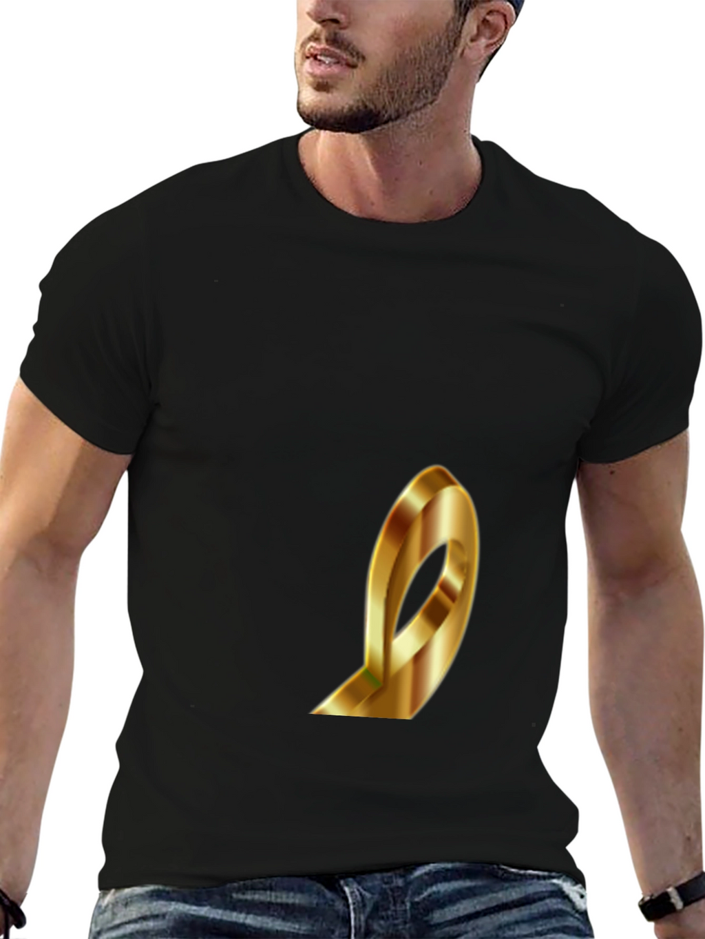 Stylish Black T-Shirt with Gold Ribbon Design