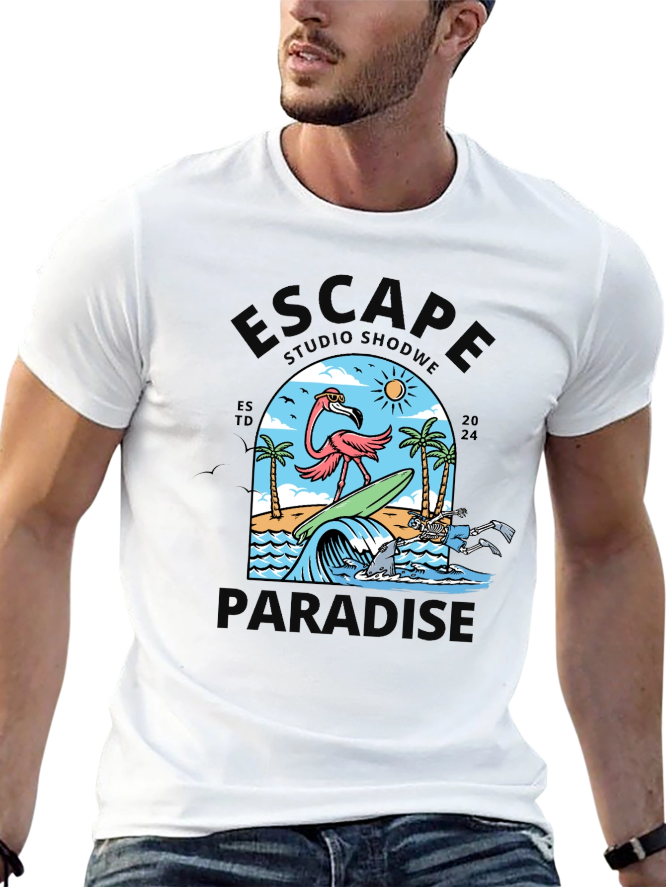 Escape to Paradise Graphic T-Shirt - Summer Flamingo Design