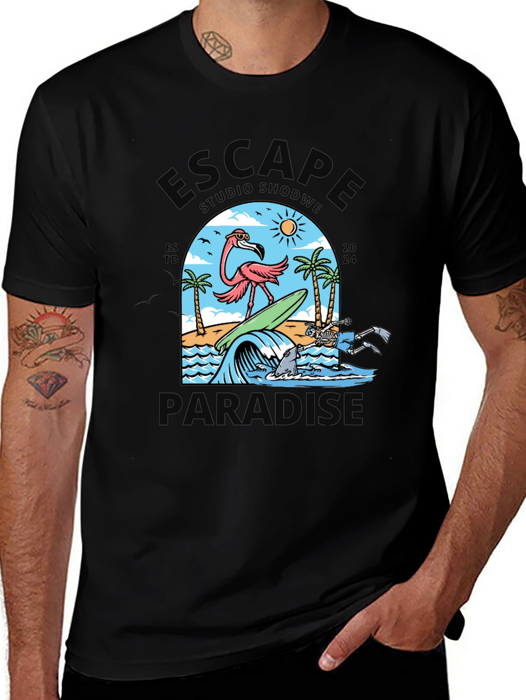 Escape to Paradise Graphic T-Shirt - Summer Flamingo Design