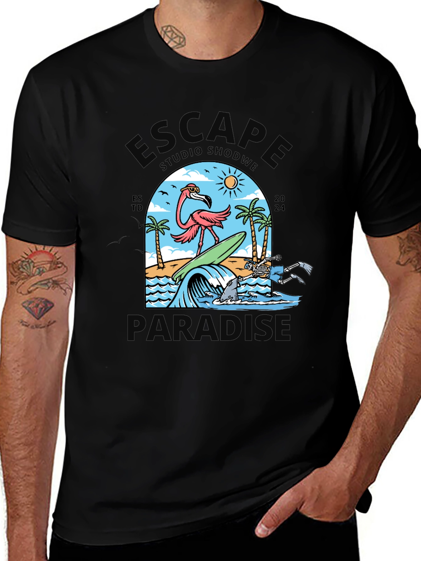 Escape to Paradise Graphic T-Shirt - Summer Flamingo Design