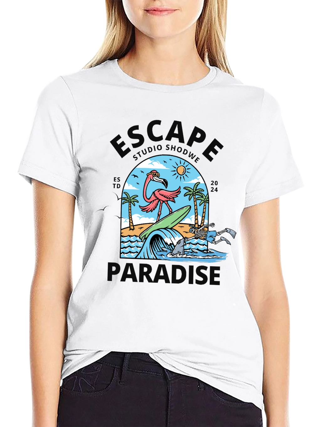 Escape to Paradise Graphic T-Shirt - Summer Flamingo Design