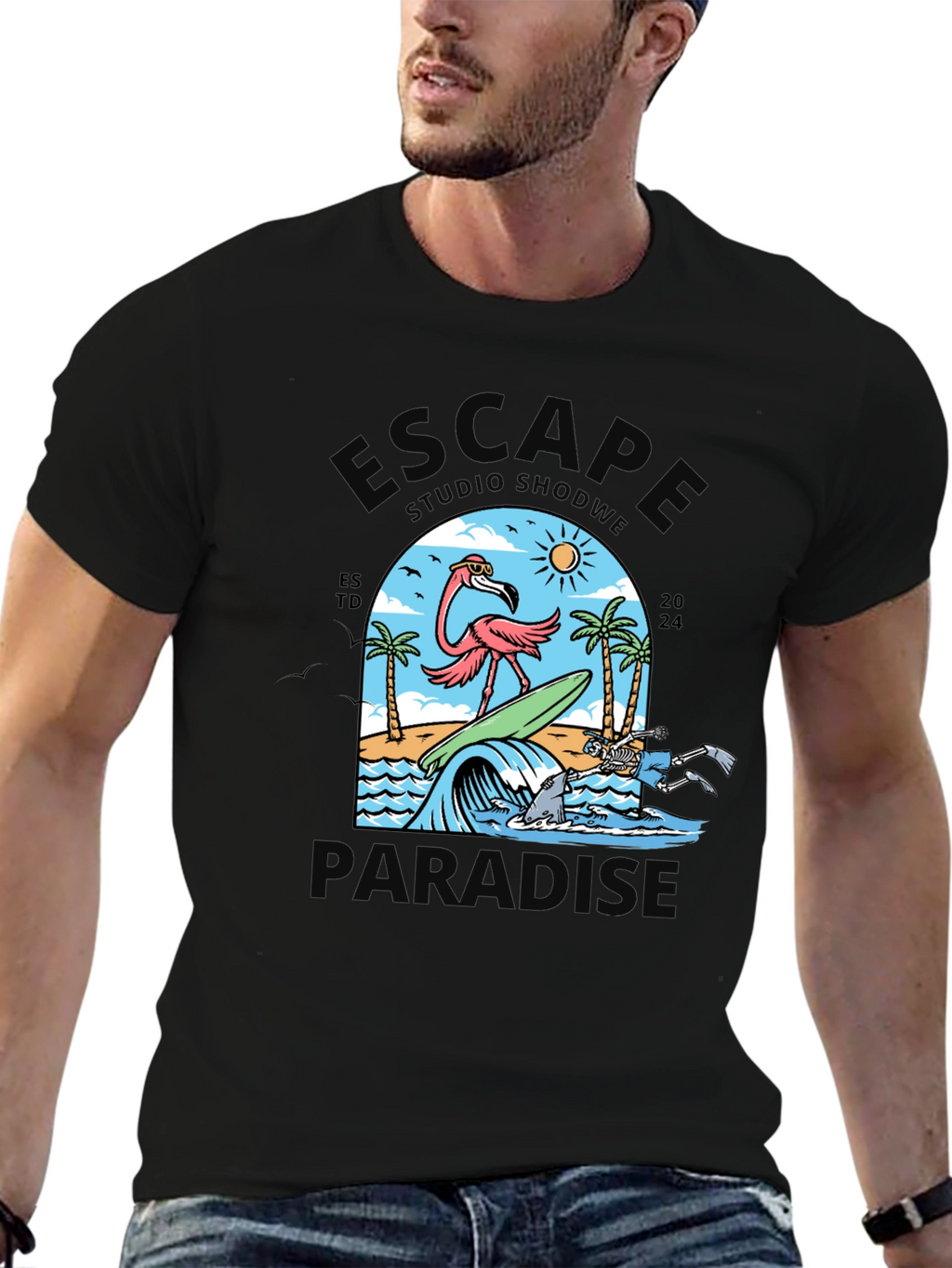 Escape to Paradise Graphic T-Shirt - Summer Flamingo Design