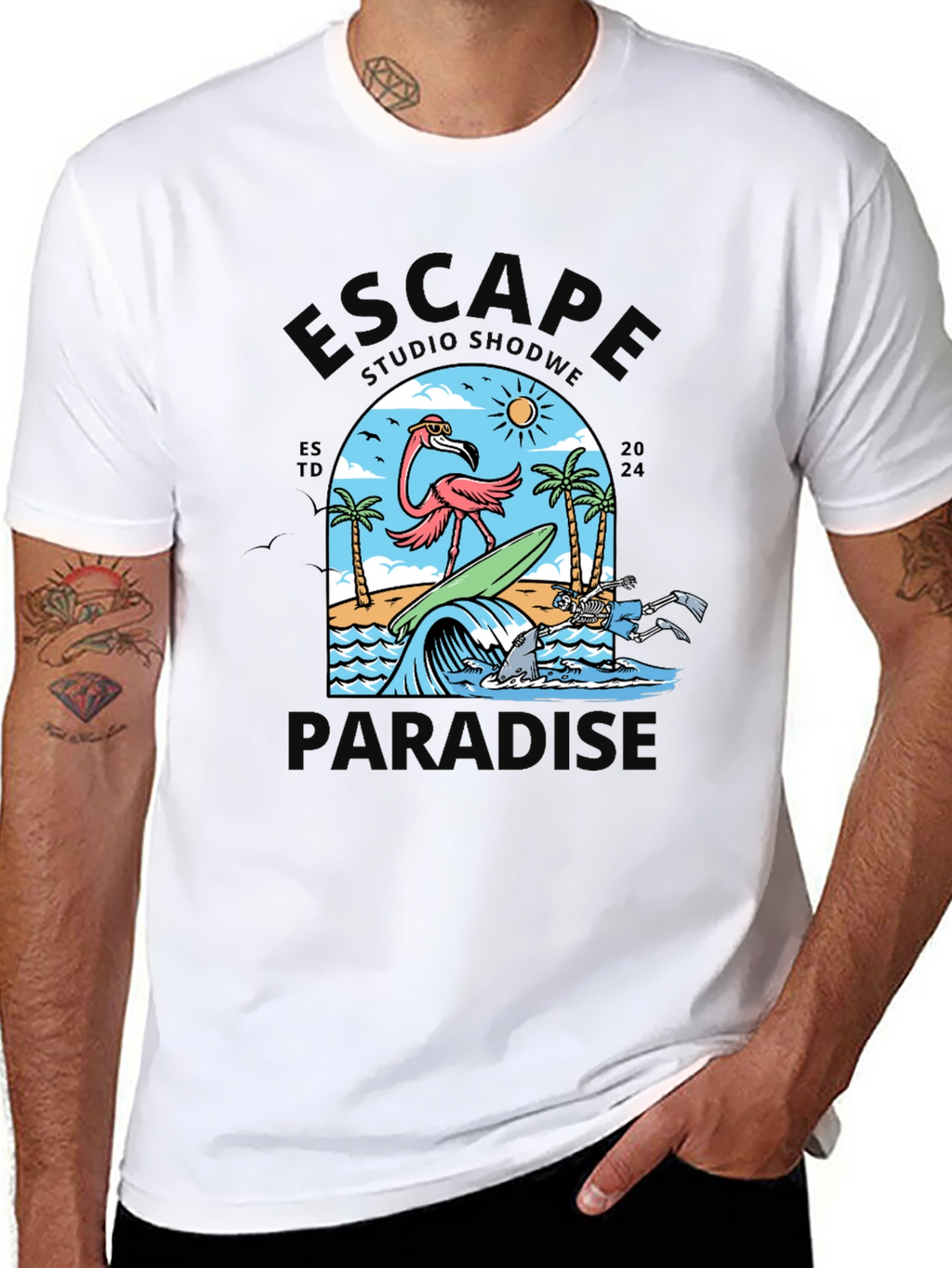 Escape to Paradise Graphic T-Shirt - Summer Flamingo Design