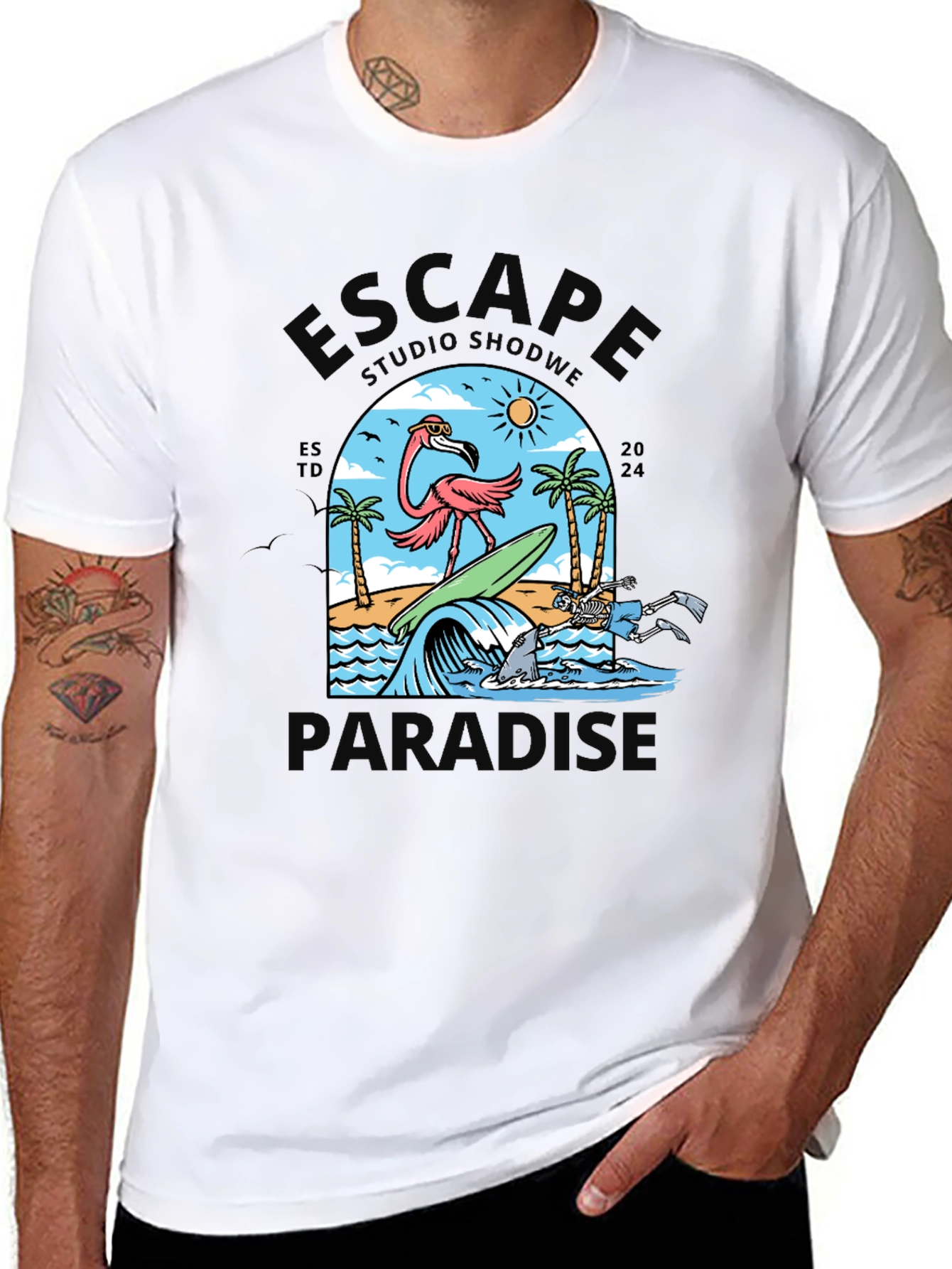 Escape to Paradise Graphic T-Shirt - Summer Flamingo Design
