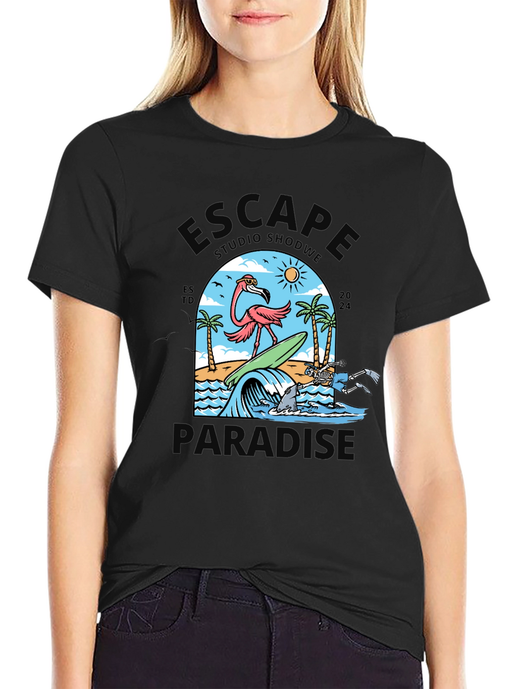 Escape to Paradise Graphic T-Shirt - Summer Flamingo Design