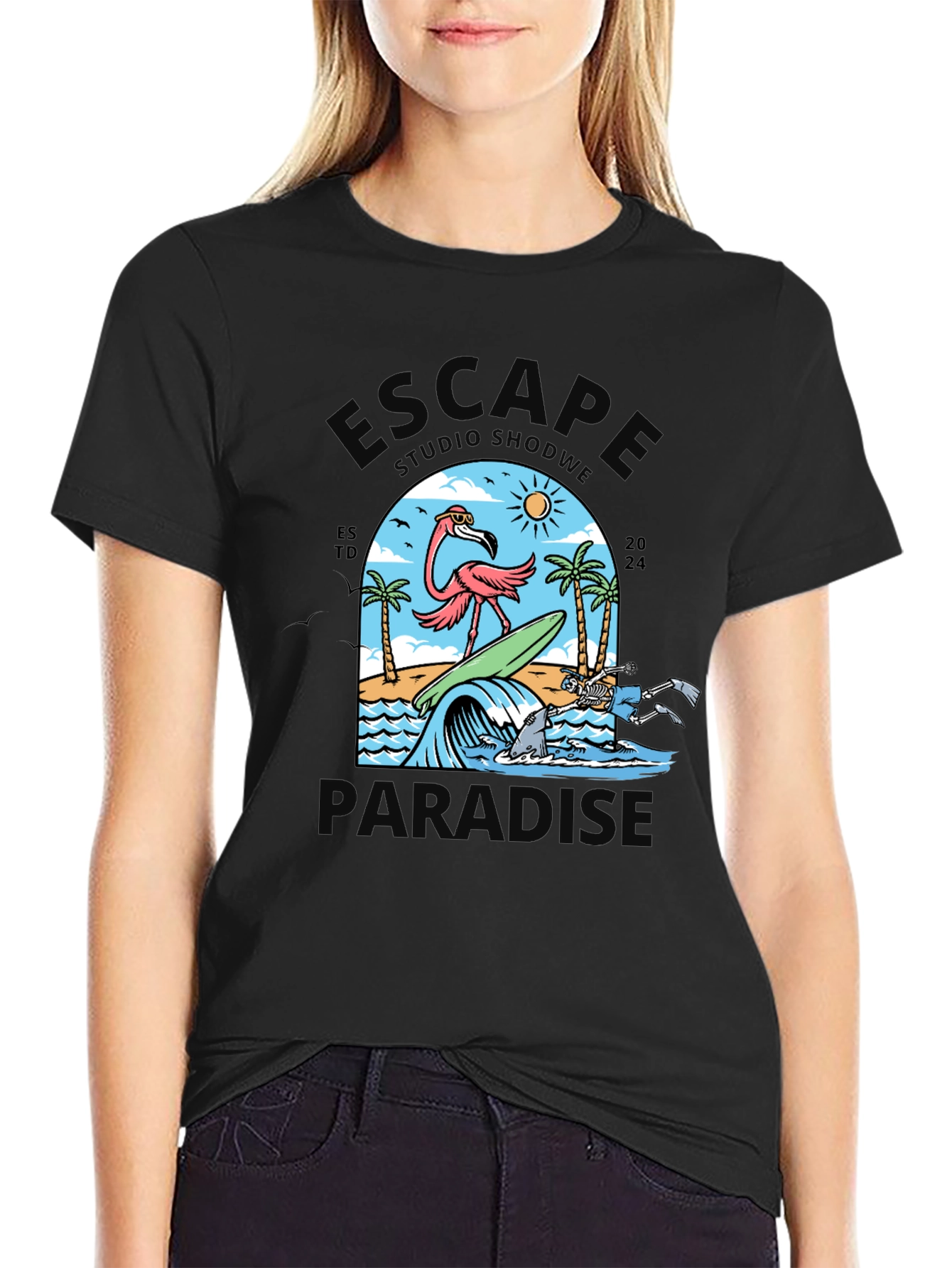 Escape to Paradise Graphic T-Shirt - Summer Flamingo Design