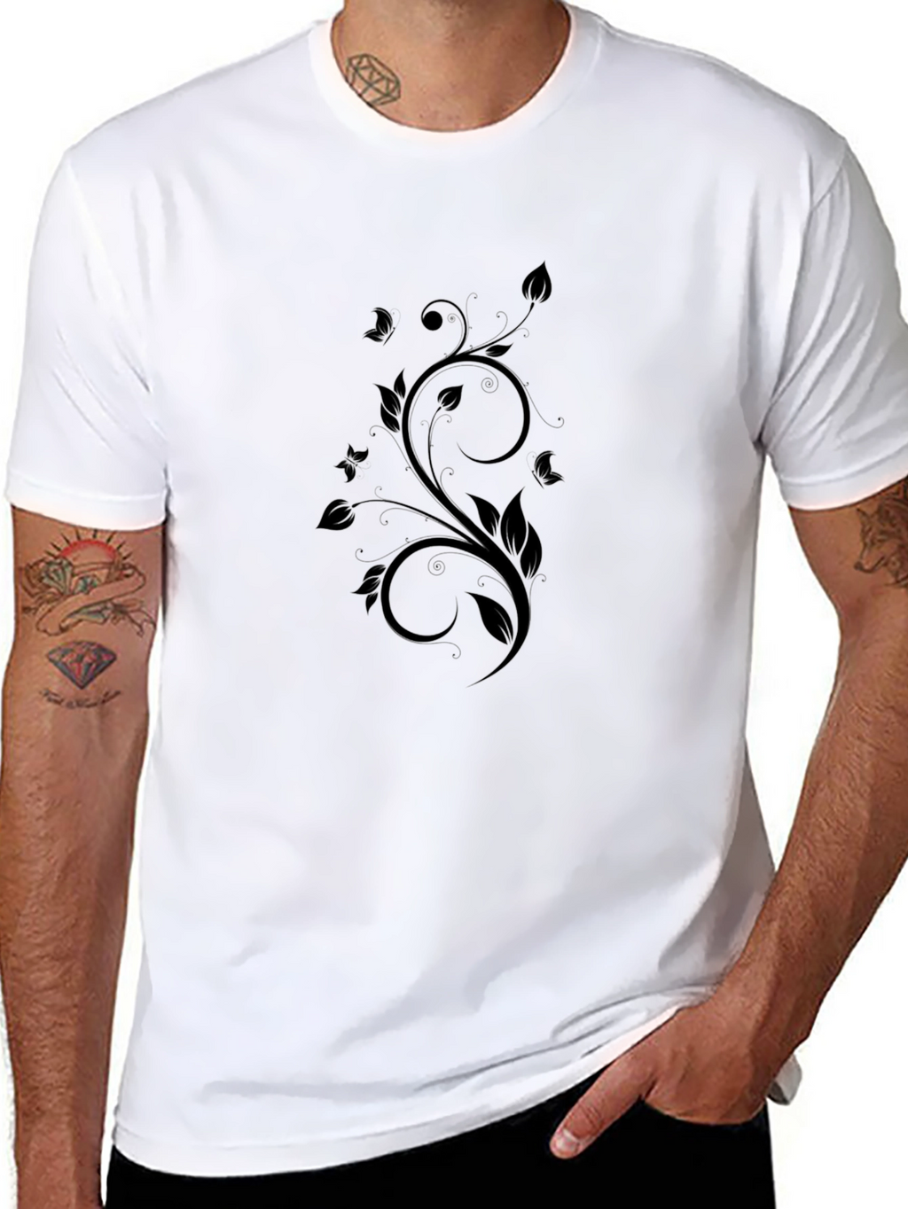 Elegant Floral Swirl Black T-Shirt