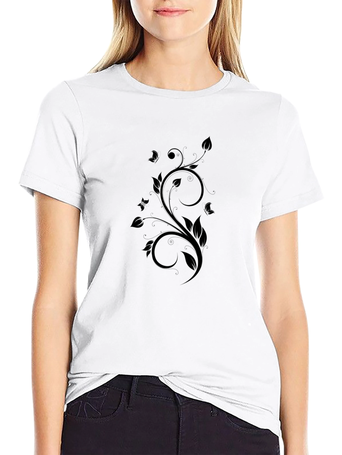 Elegant Floral Swirl Black T-Shirt