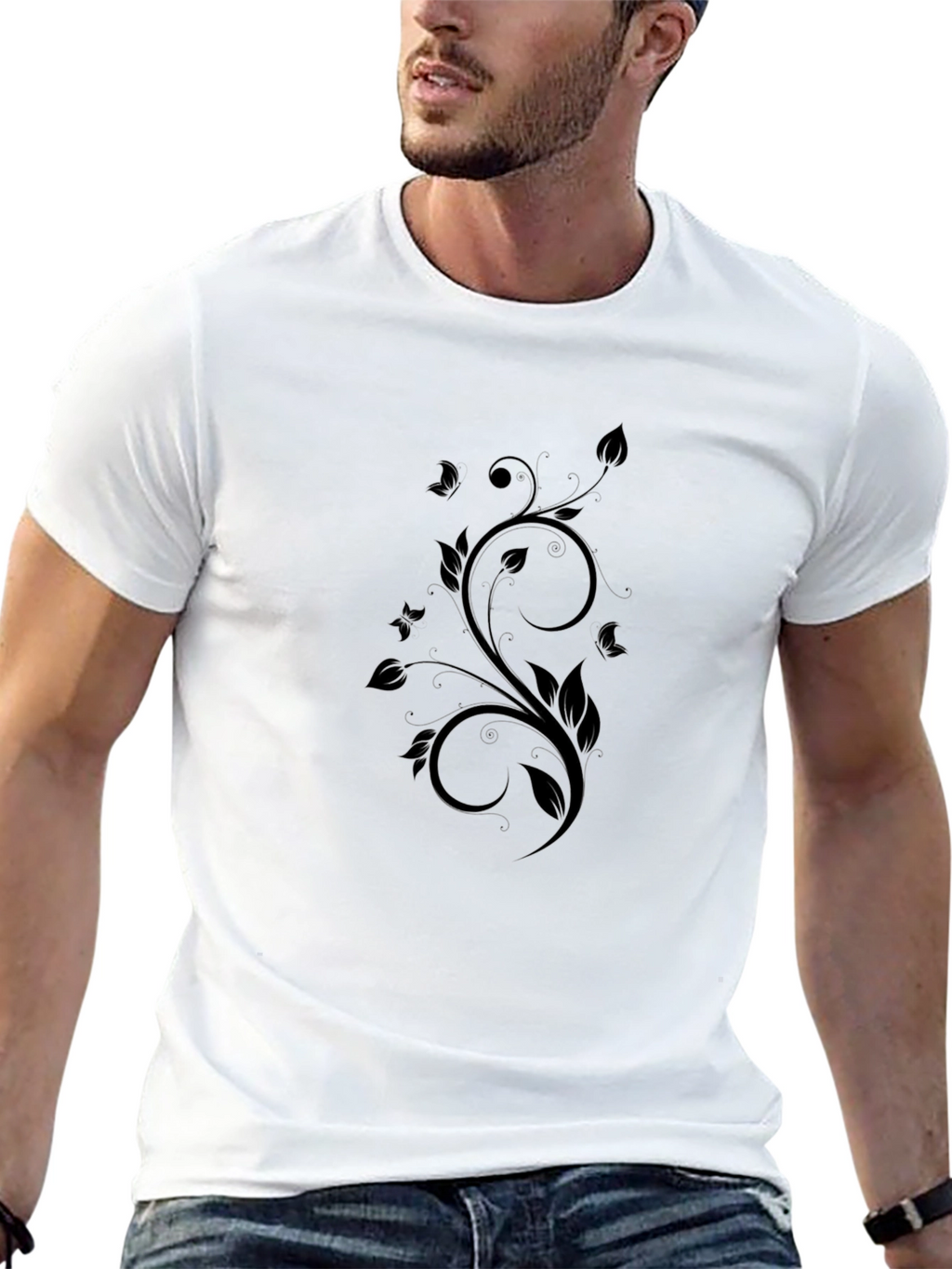Elegant Floral Swirl Black T-Shirt