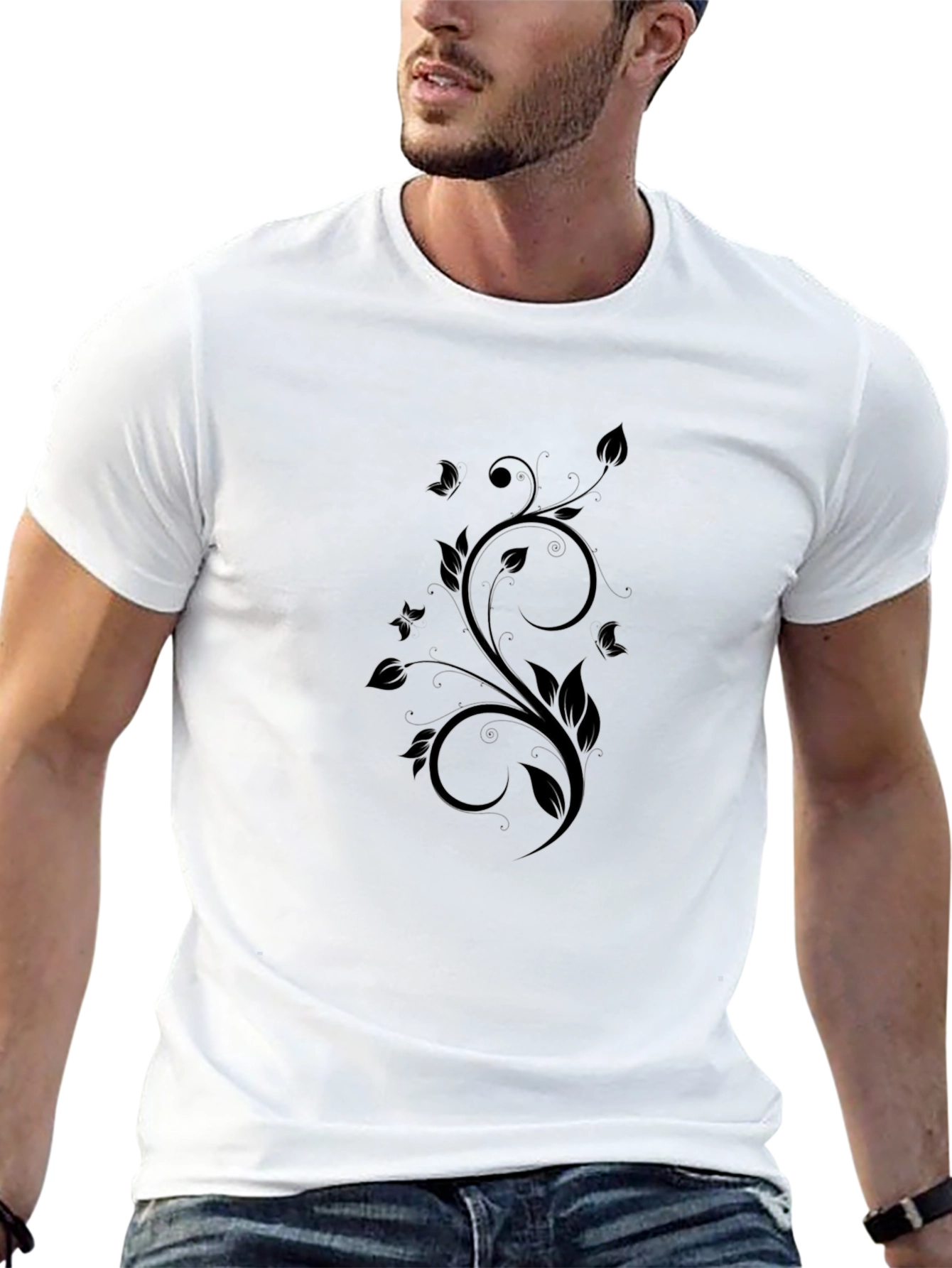 Elegant Floral Swirl Black T-Shirt