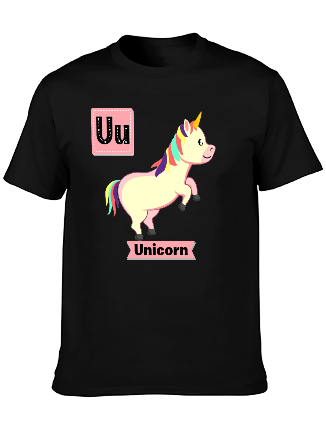 Unicorn Alphabet U Black T-Shirt