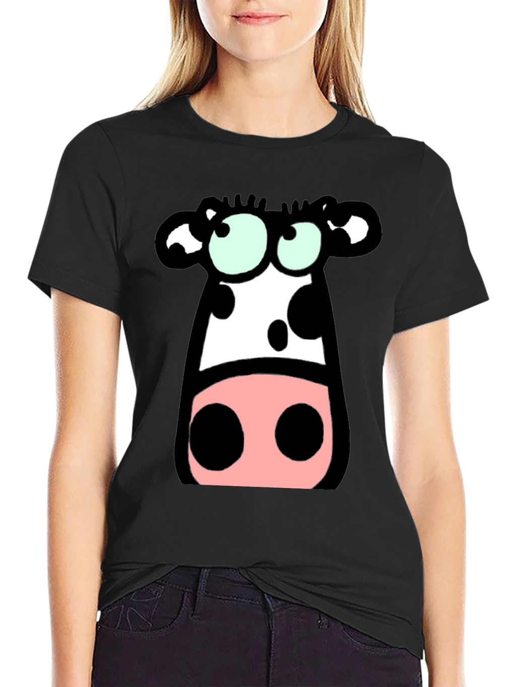 Cartoon Cow Graphic Tee - Black Cotton T-Shirt
