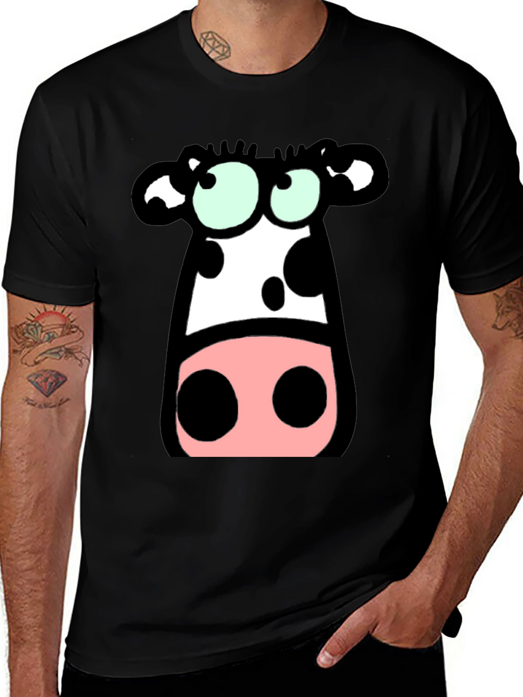 Cartoon Cow Graphic Tee - Black Cotton T-Shirt