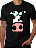 Cartoon Cow Graphic Tee - Black Cotton T-Shirt