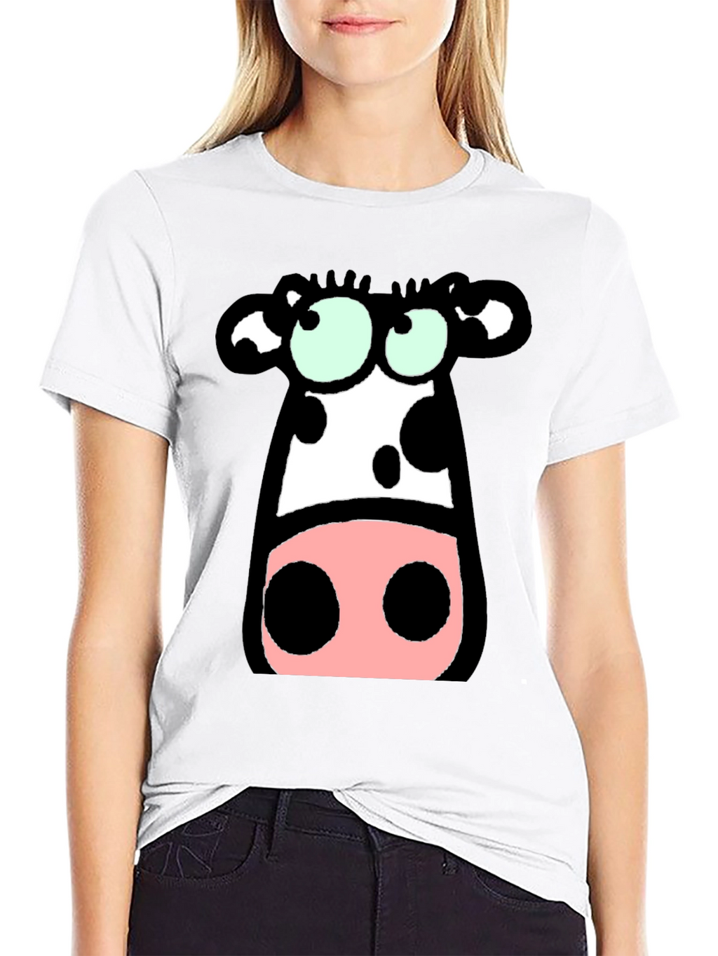 Cartoon Cow Graphic Tee - Black Cotton T-Shirt