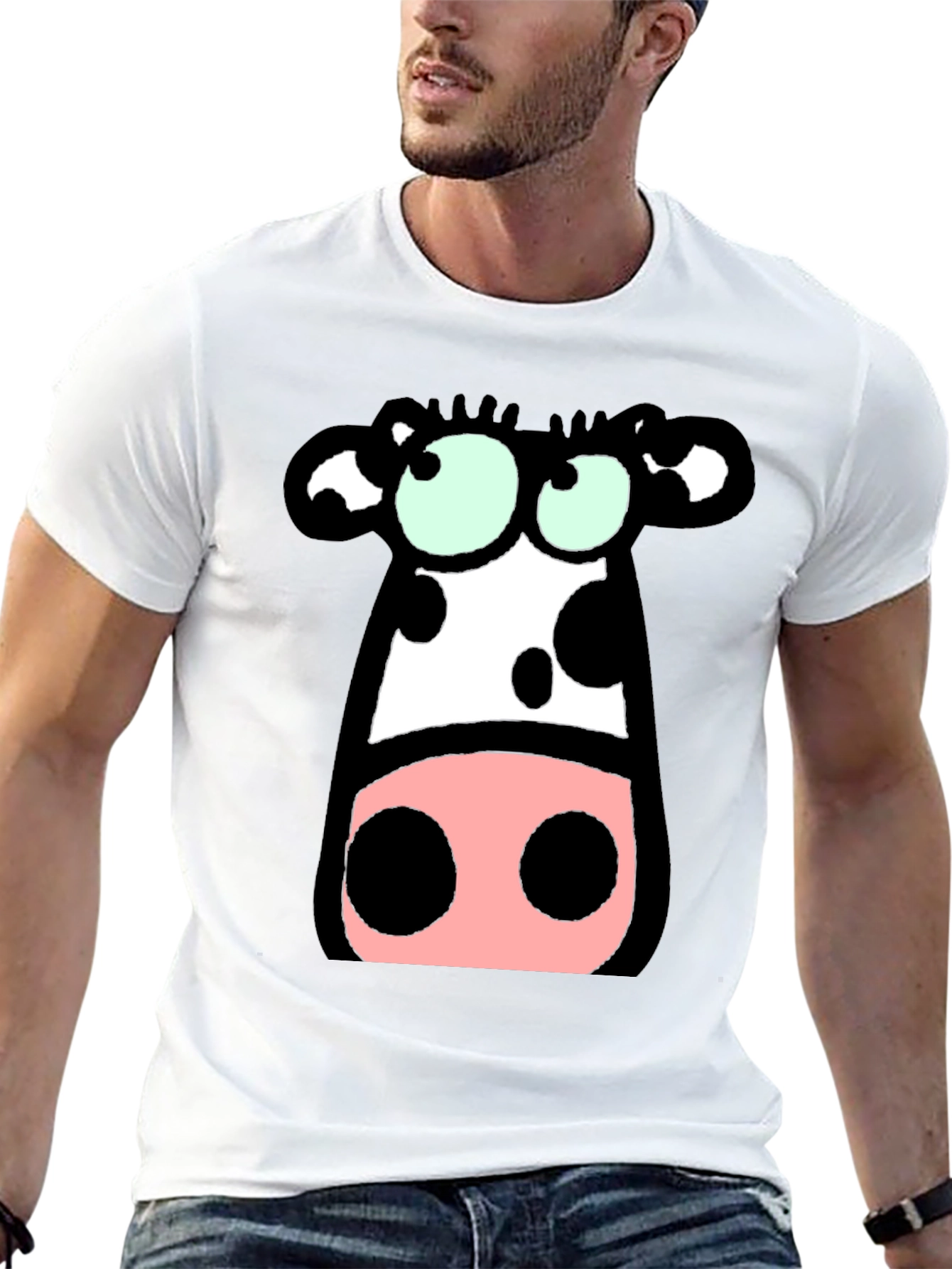 Cartoon Cow Graphic Tee - Black Cotton T-Shirt