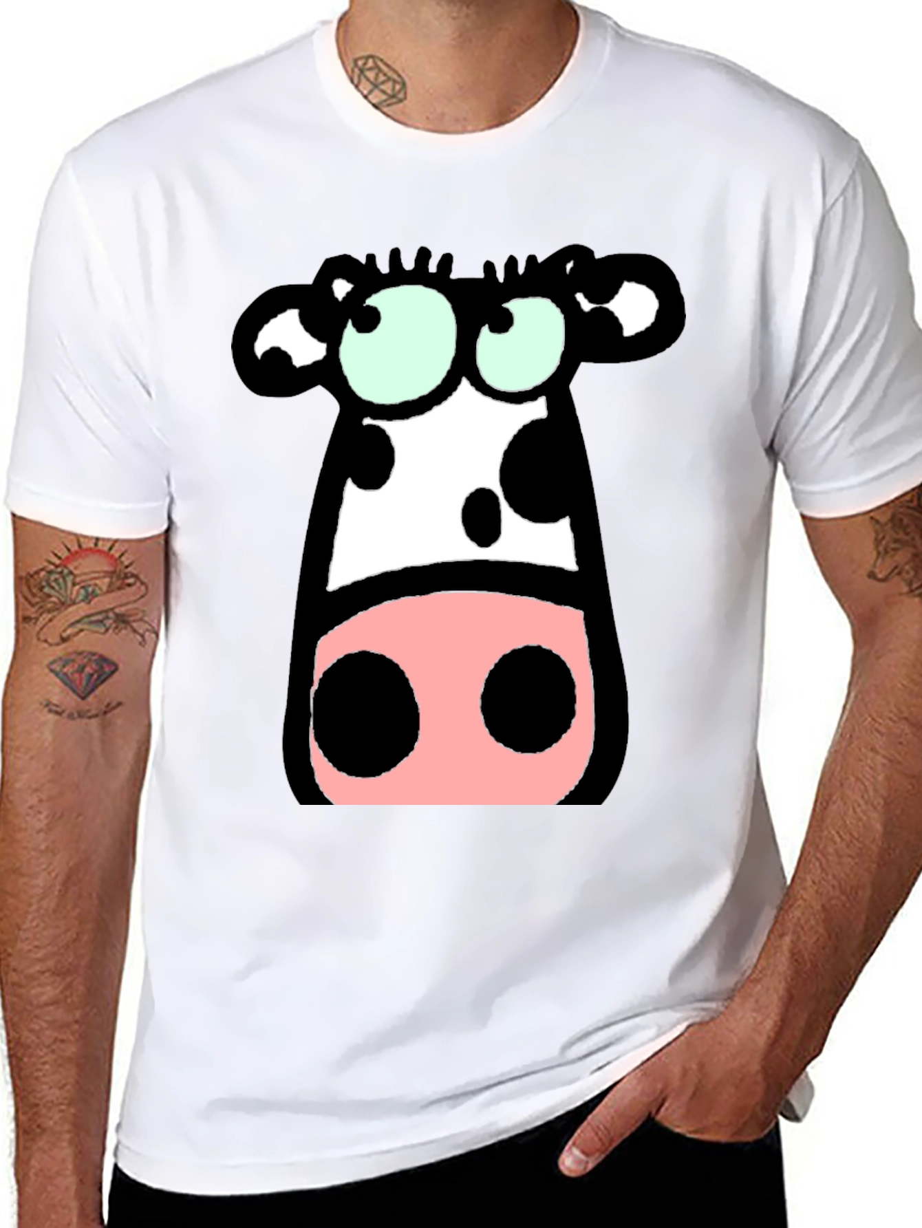 Cartoon Cow Graphic Tee - Black Cotton T-Shirt