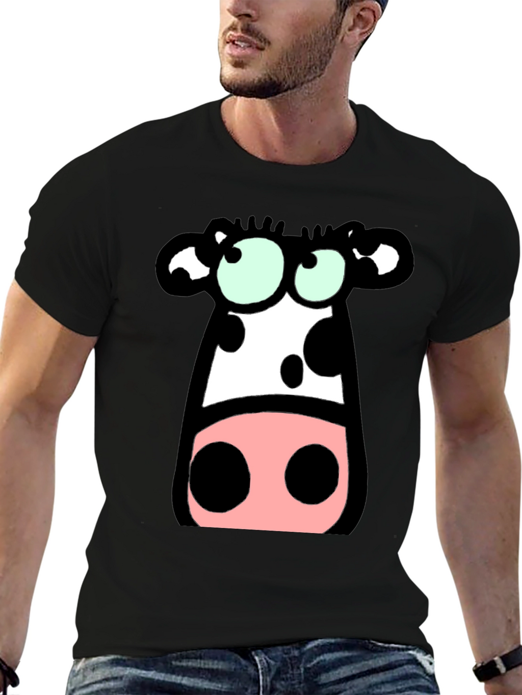Cartoon Cow Graphic Tee - Black Cotton T-Shirt