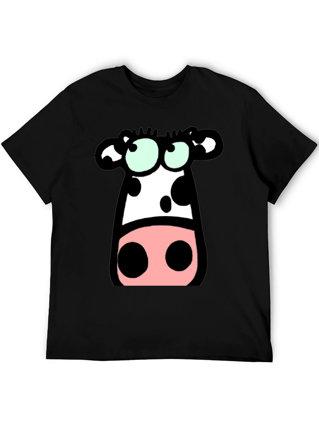 Cartoon Cow Graphic Tee - Black Cotton T-Shirt