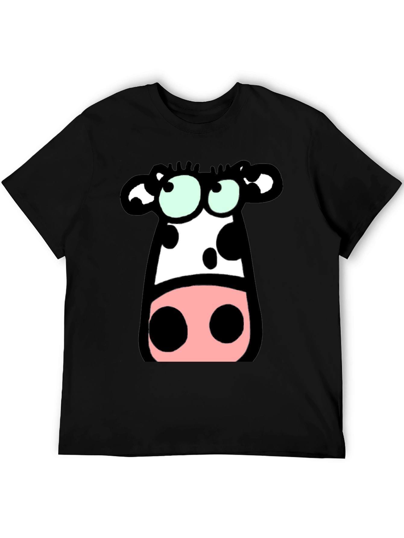Cartoon Cow Graphic Tee - Black Cotton T-Shirt