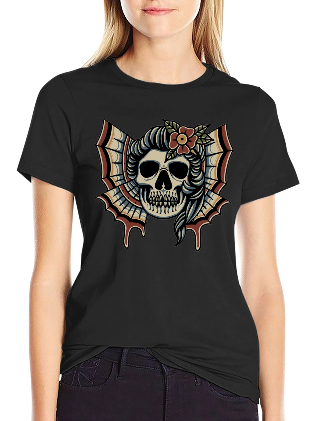 Skull & Flower Tattoo T-Shirt - Graphic Print Tee