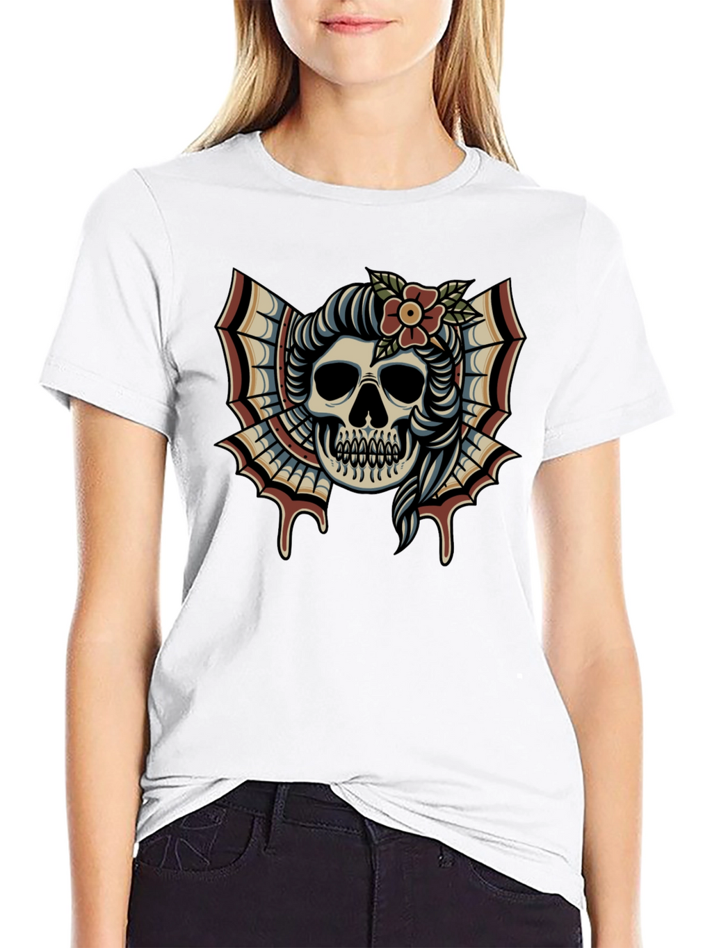 Skull & Flower Tattoo T-Shirt - Graphic Print Tee