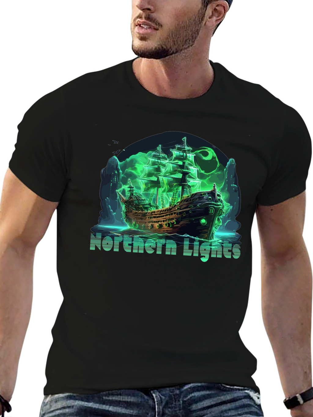 Northern Lights Ghost Ship Black T-Shirt