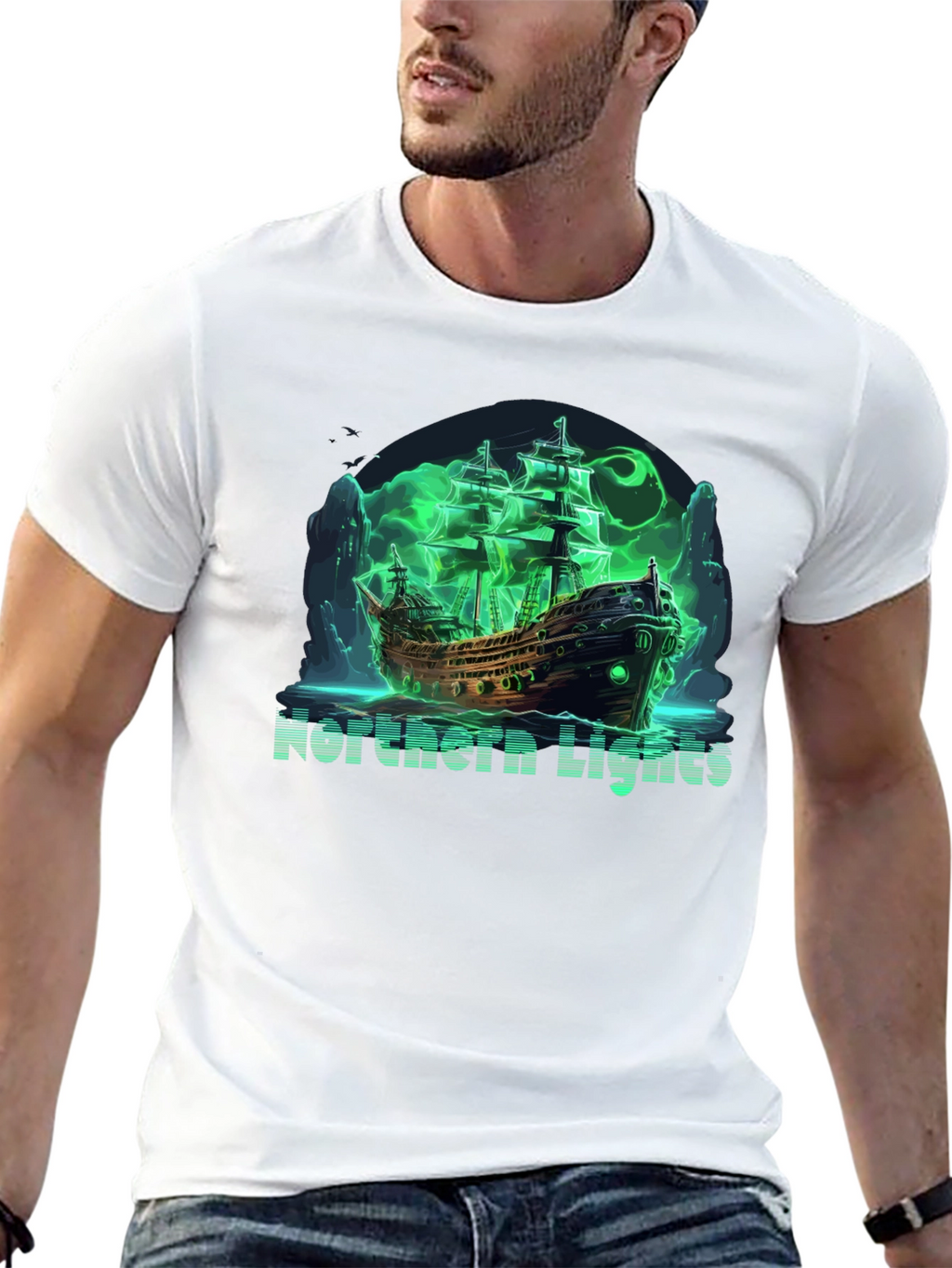 Northern Lights Ghost Ship Black T-Shirt