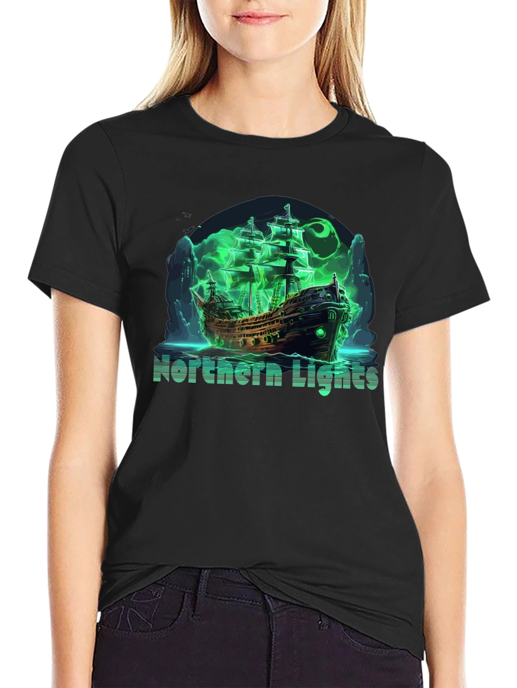 Northern Lights Ghost Ship Black T-Shirt