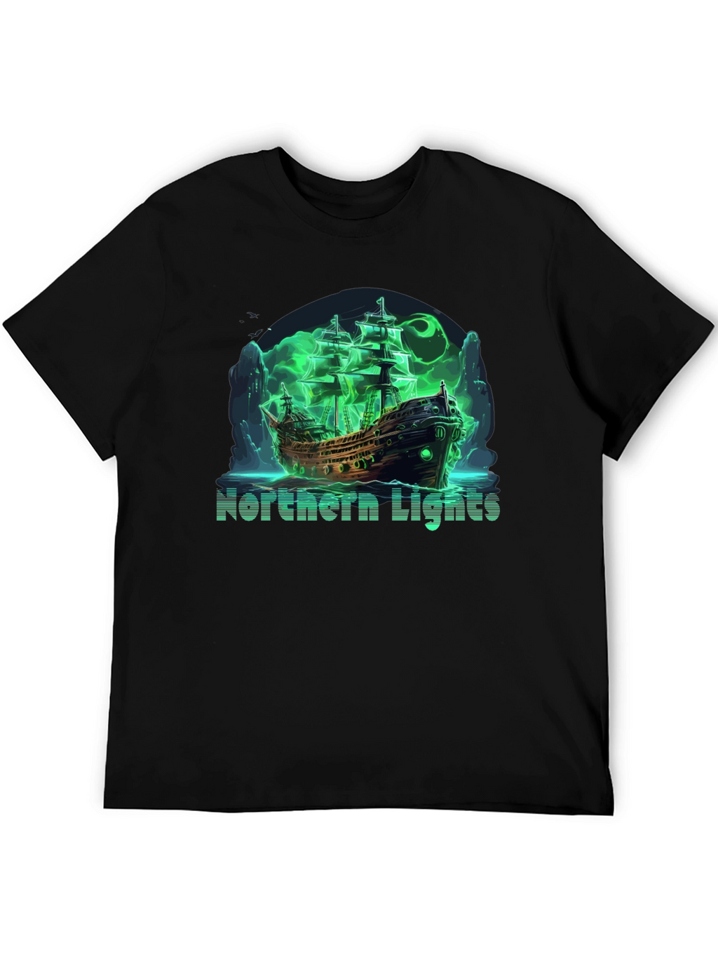 Northern Lights Ghost Ship Black T-Shirt
