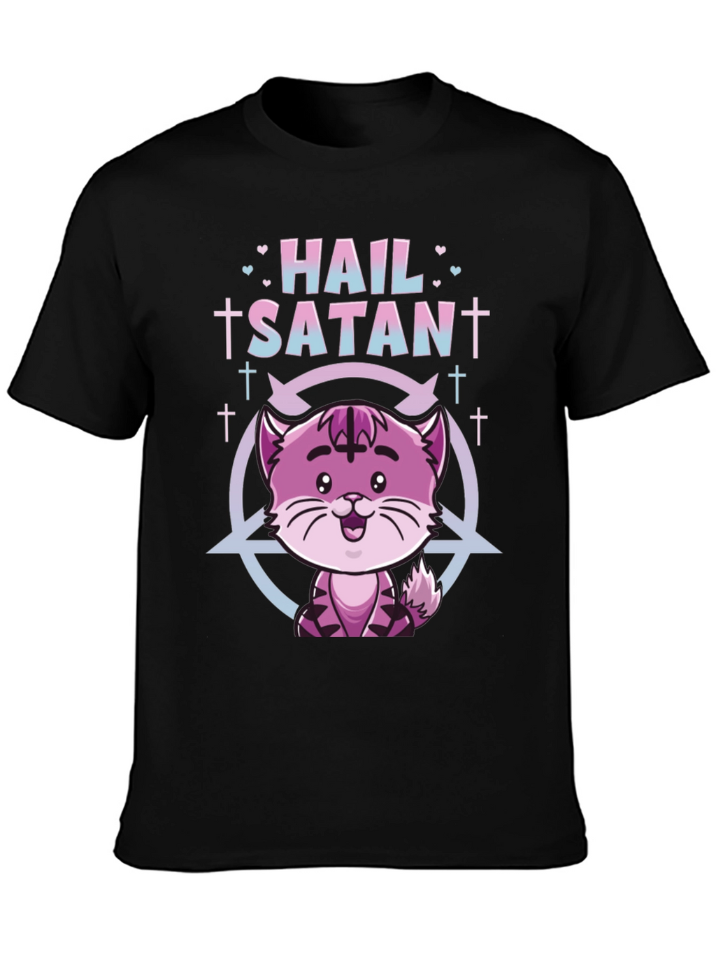 Hail Satan Funny Cat Graphic T-Shirt - Black
