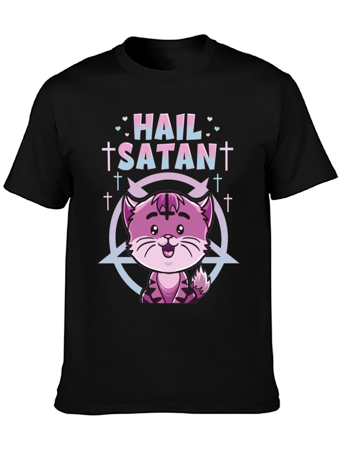 Hail Satan Funny Cat Graphic T-Shirt - Black