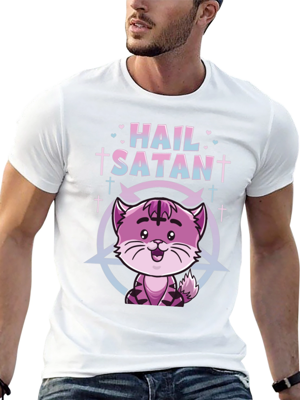 Hail Satan Funny Cat Graphic T-Shirt - Black