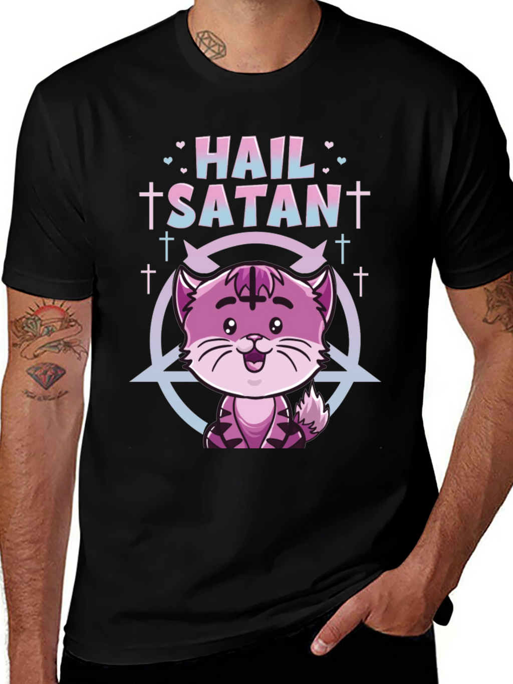 Hail Satan Funny Cat Graphic T-Shirt - Black