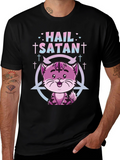 Hail Satan Funny Cat Graphic T-Shirt - Black