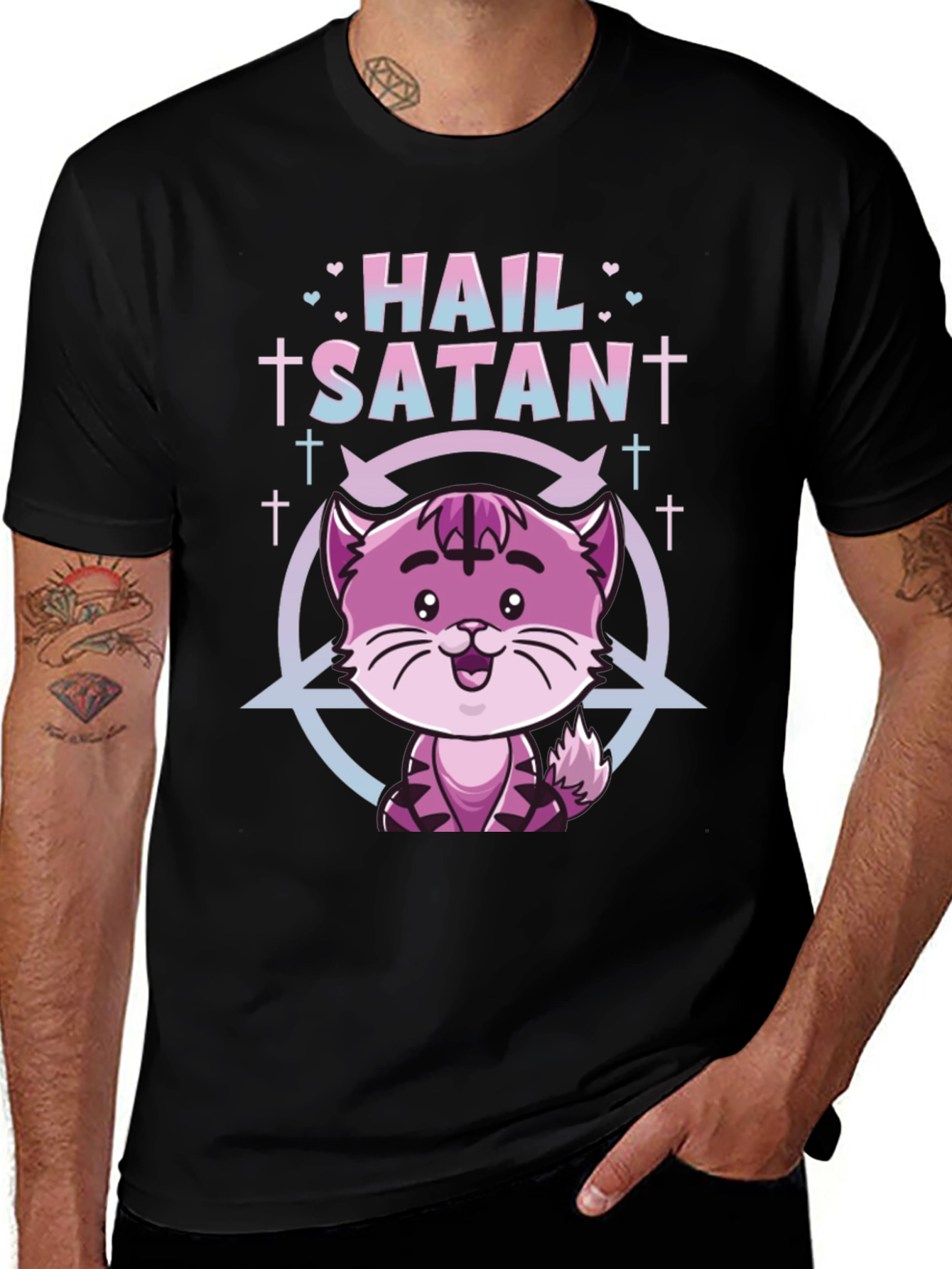 Hail Satan Funny Cat Graphic T-Shirt - Black
