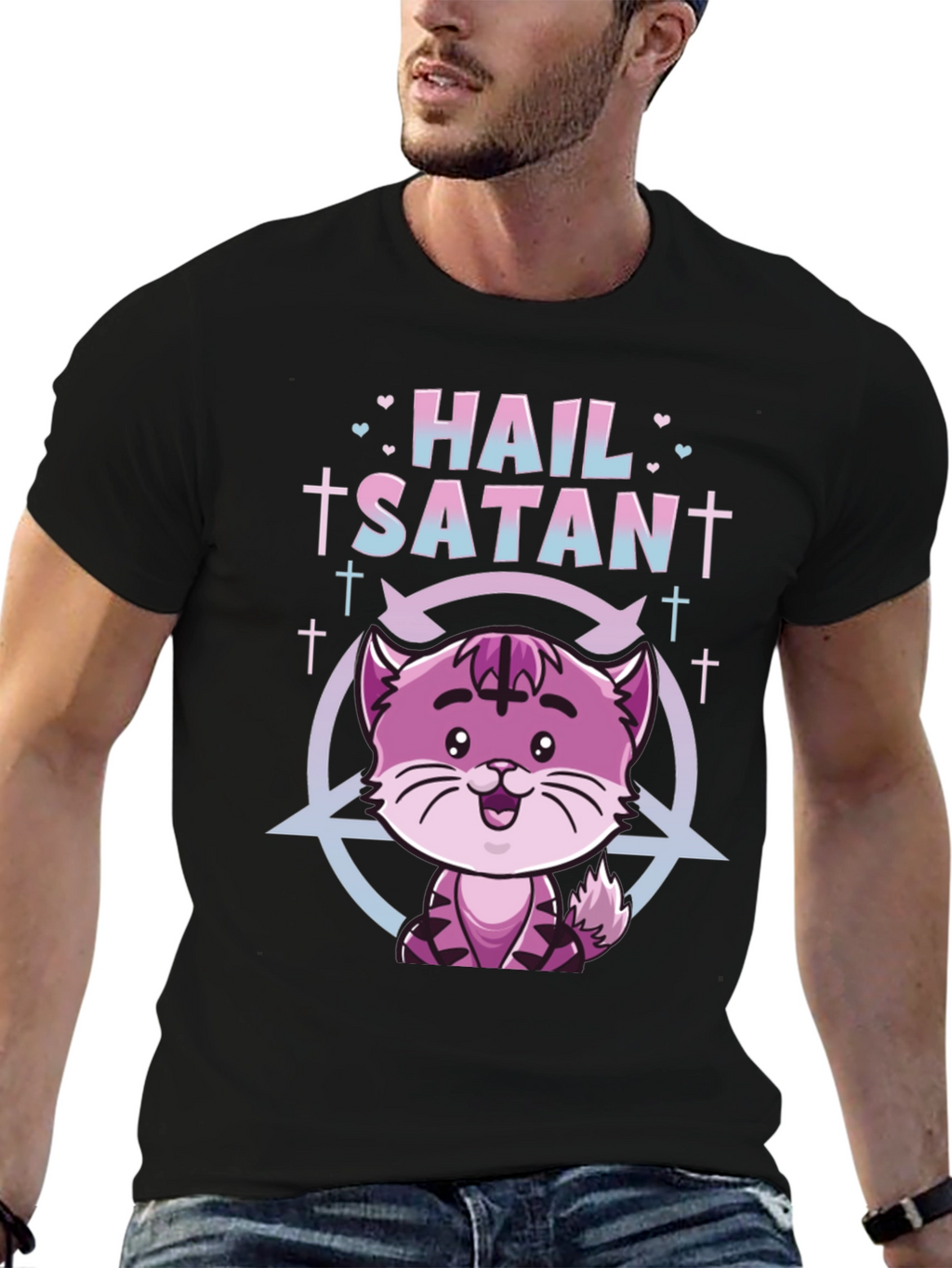 Hail Satan Funny Cat Graphic T-Shirt - Black