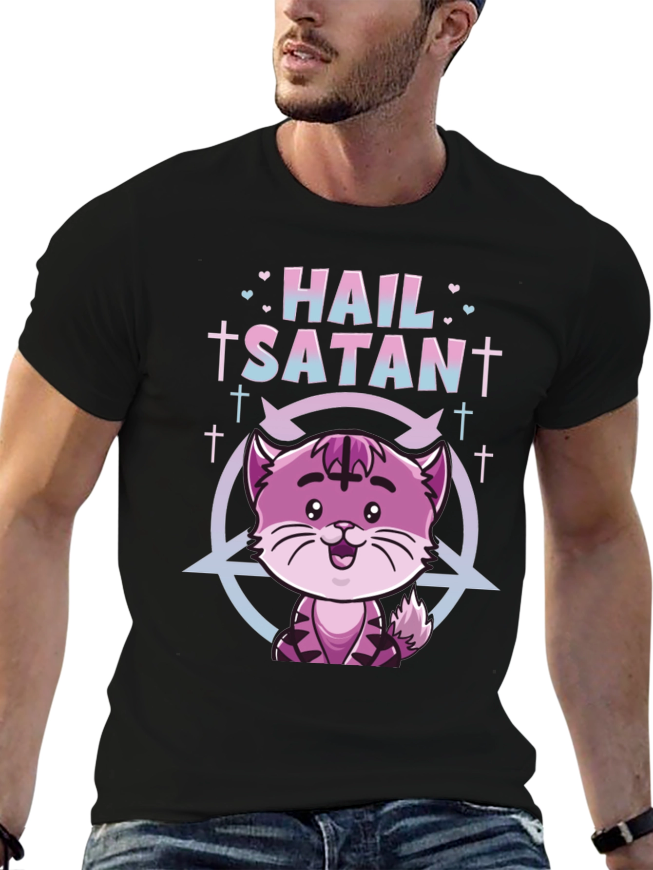 Hail Satan Funny Cat Graphic T-Shirt - Black