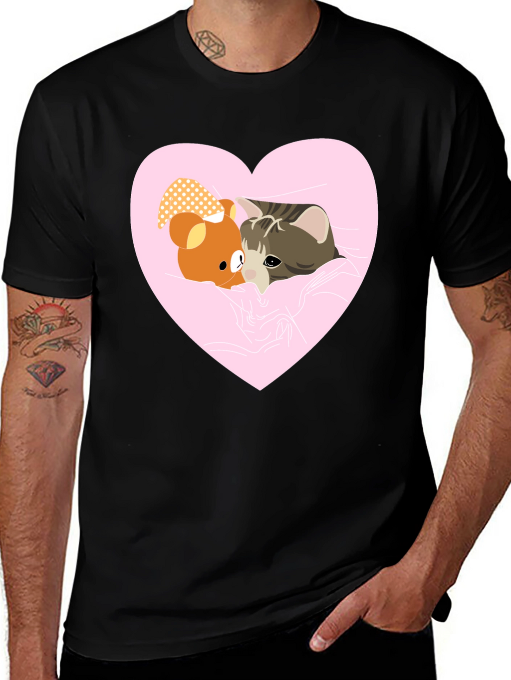 Heart Cat & Bear T-Shirt - Cozy Love