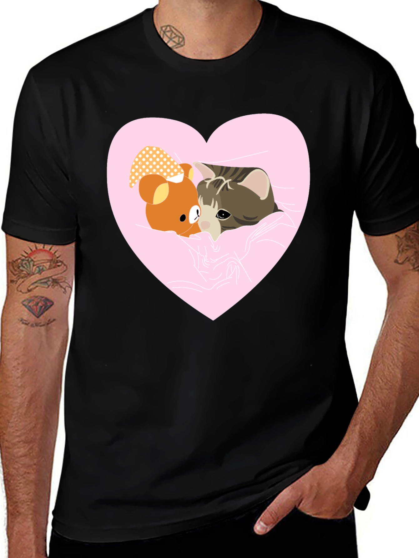 Heart Cat & Bear T-Shirt - Cozy Love