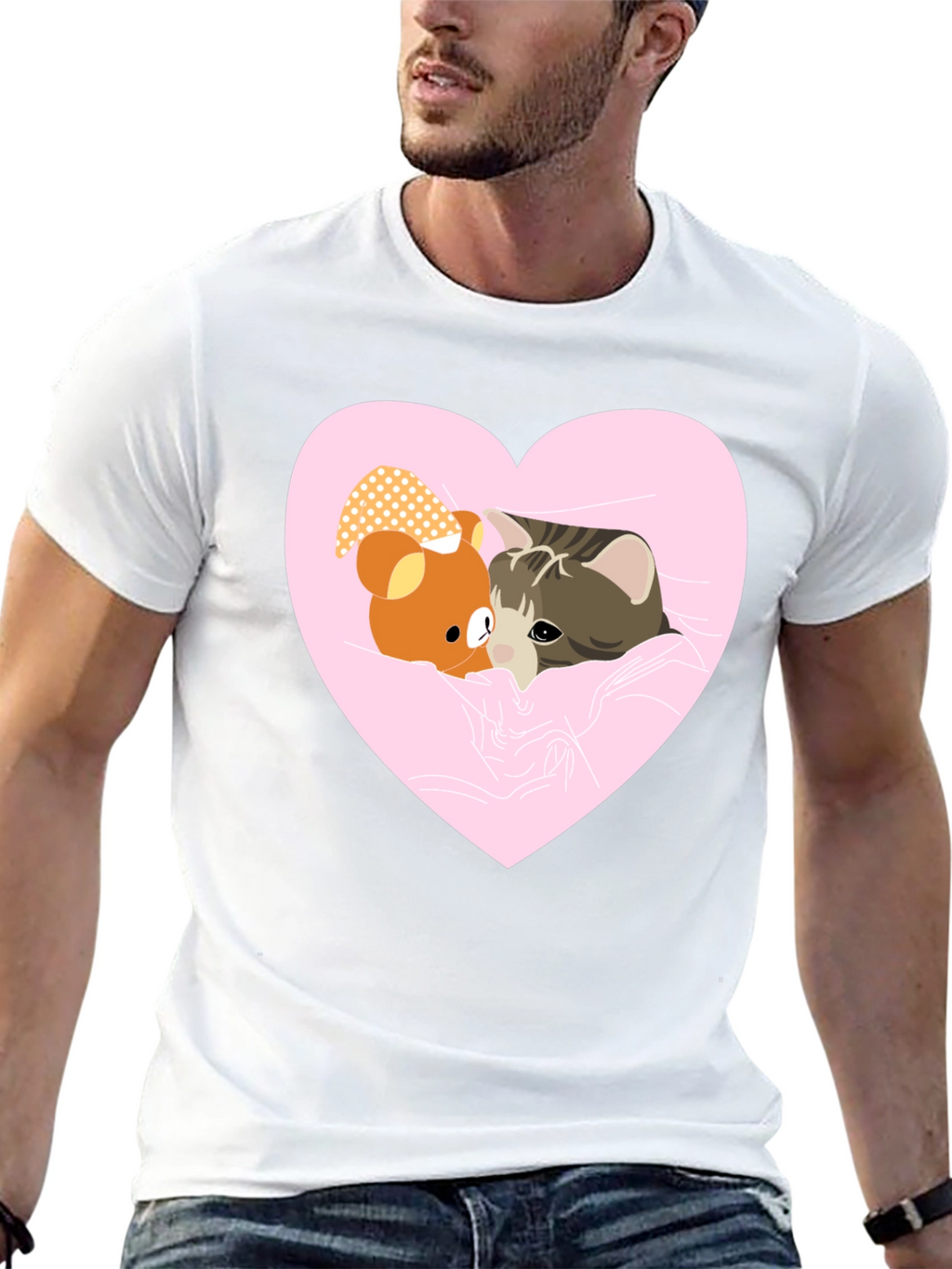 Heart Cat & Bear T-Shirt - Cozy Love