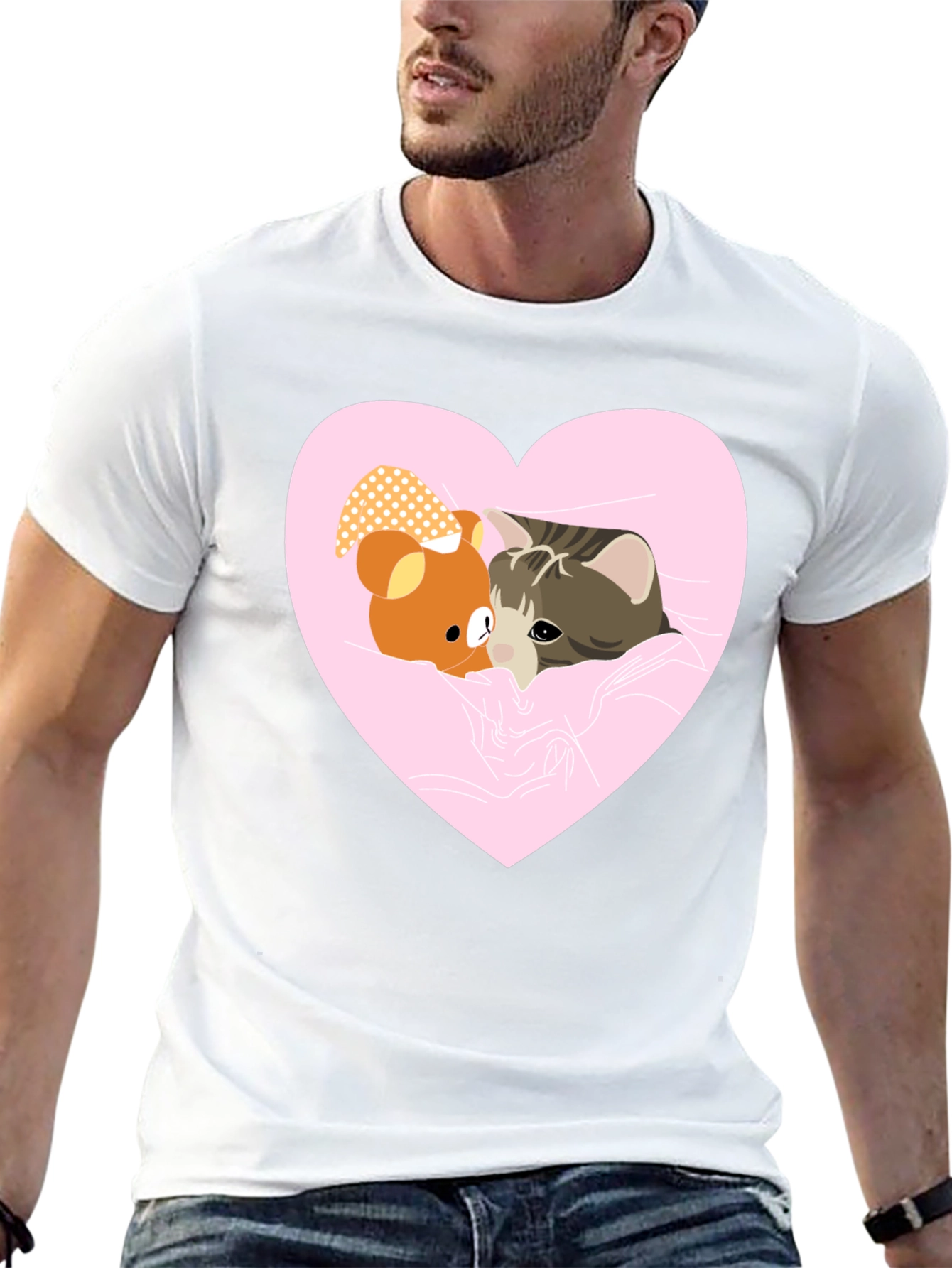 Heart Cat & Bear T-Shirt - Cozy Love