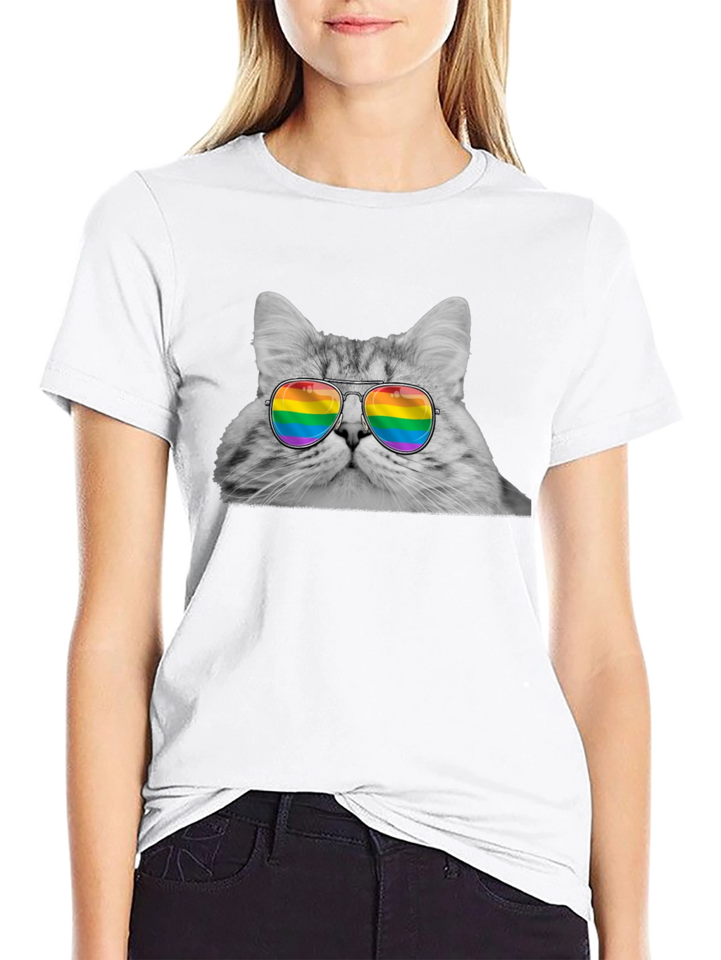 Cat with Rainbow Glasses Graphic T-Shirt