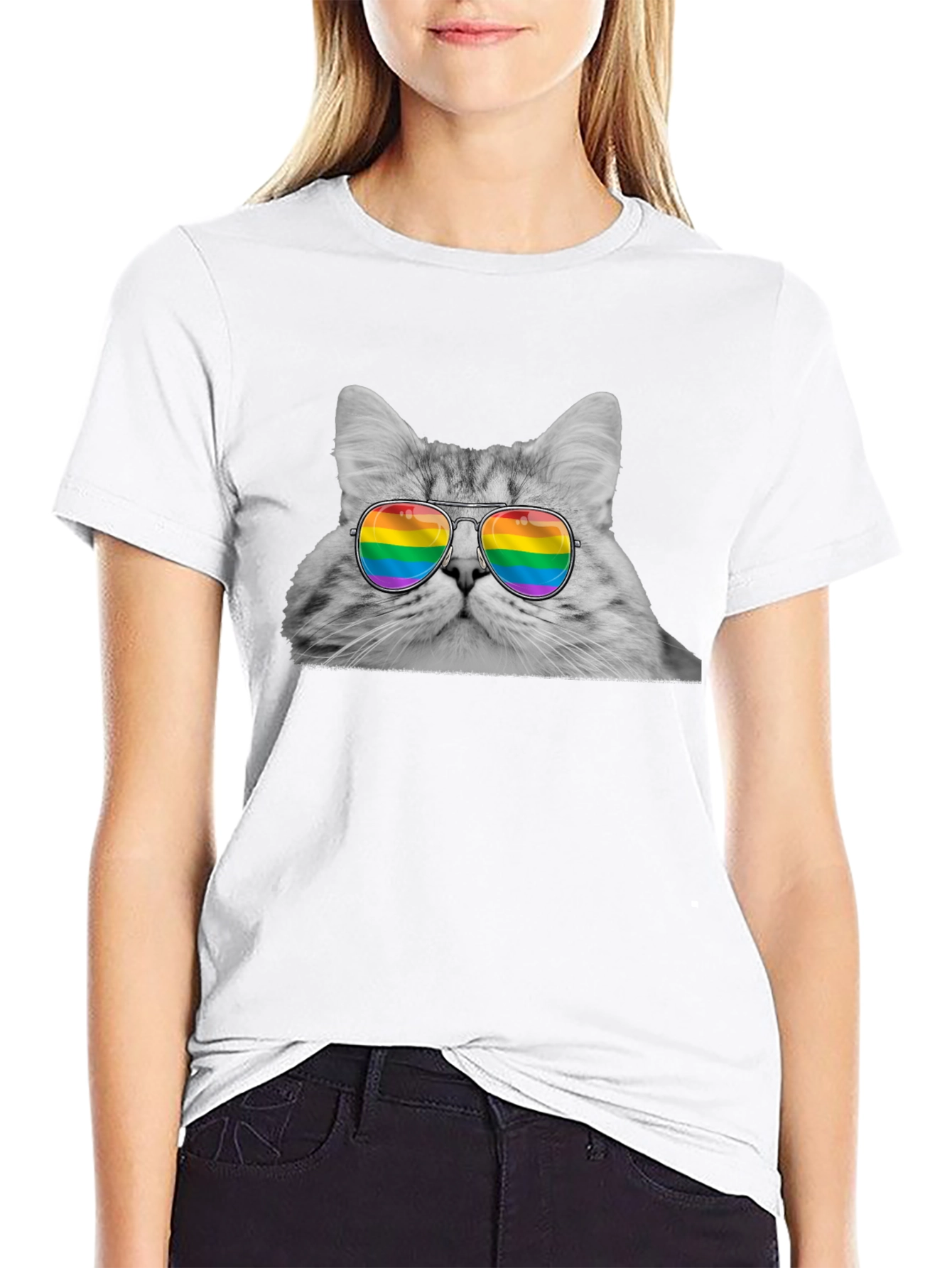 Cat with Rainbow Glasses Graphic T-Shirt