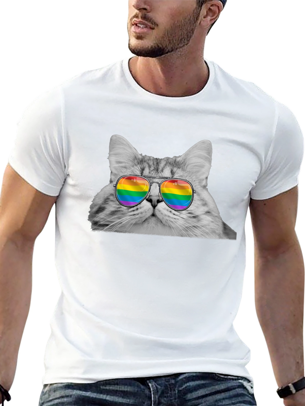 Cat with Rainbow Glasses Graphic T-Shirt