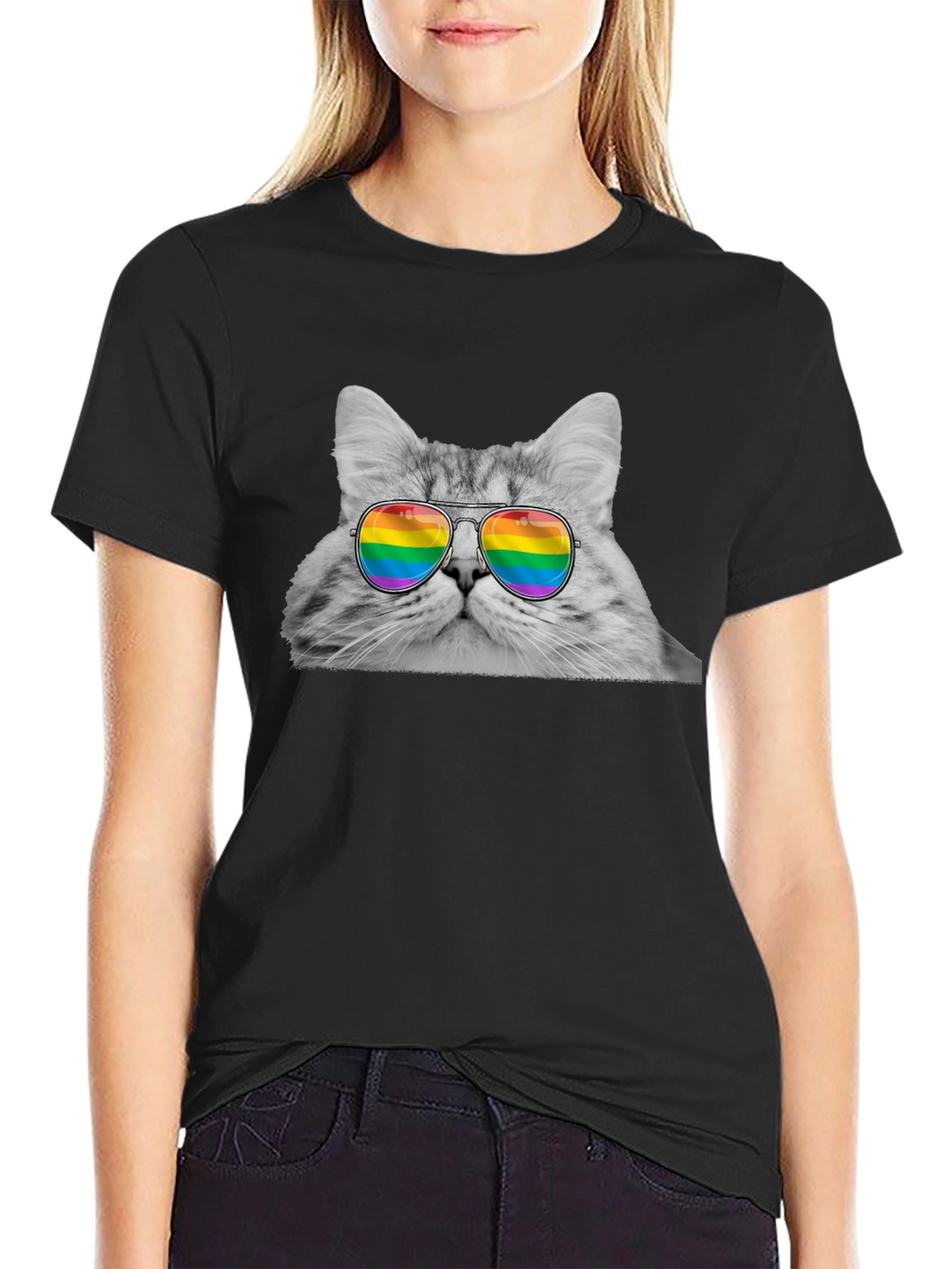 Cat with Rainbow Glasses Graphic T-Shirt