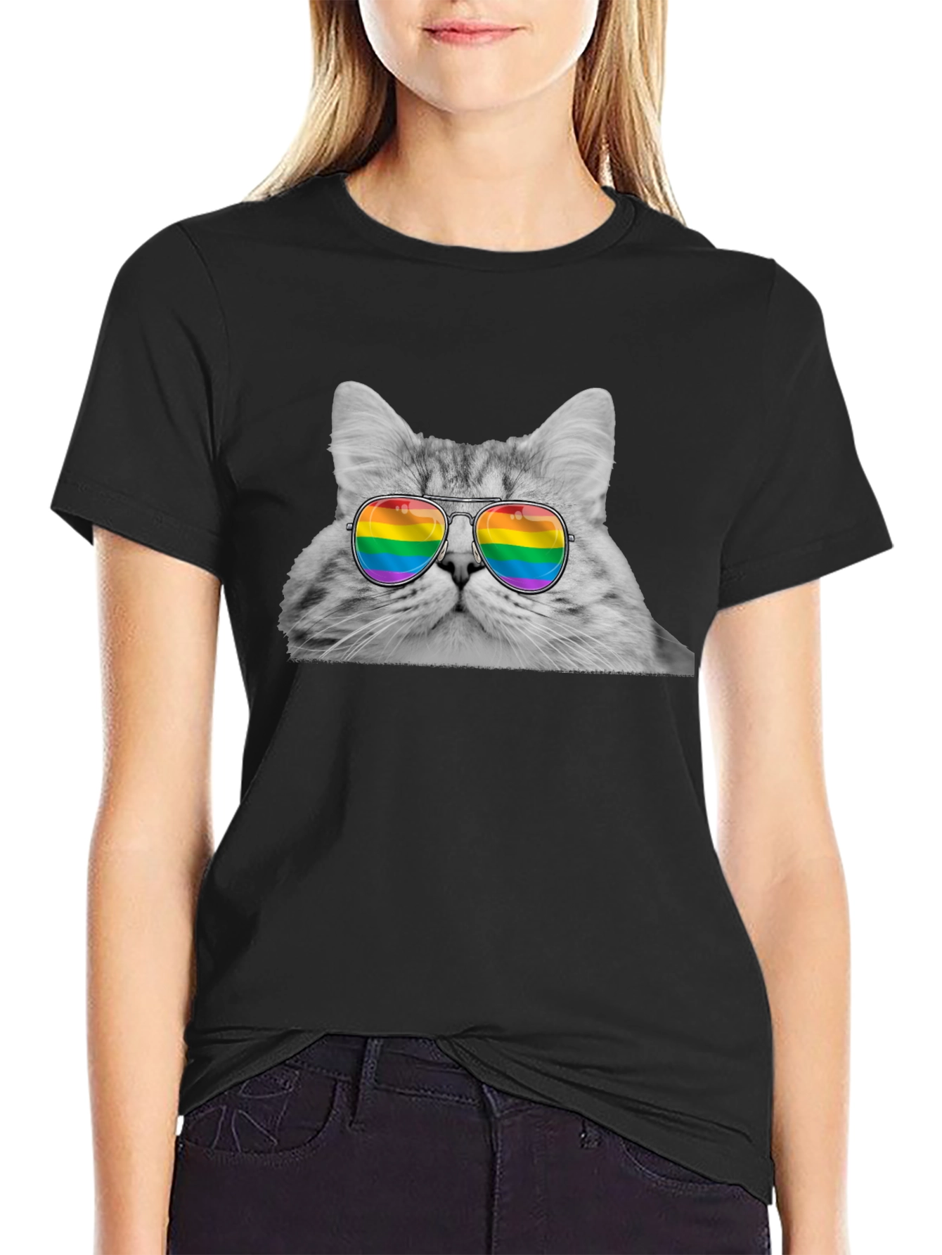Cat with Rainbow Glasses Graphic T-Shirt