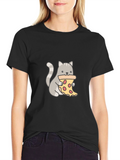 Cat Eating Pizza Graphic T-Shirt