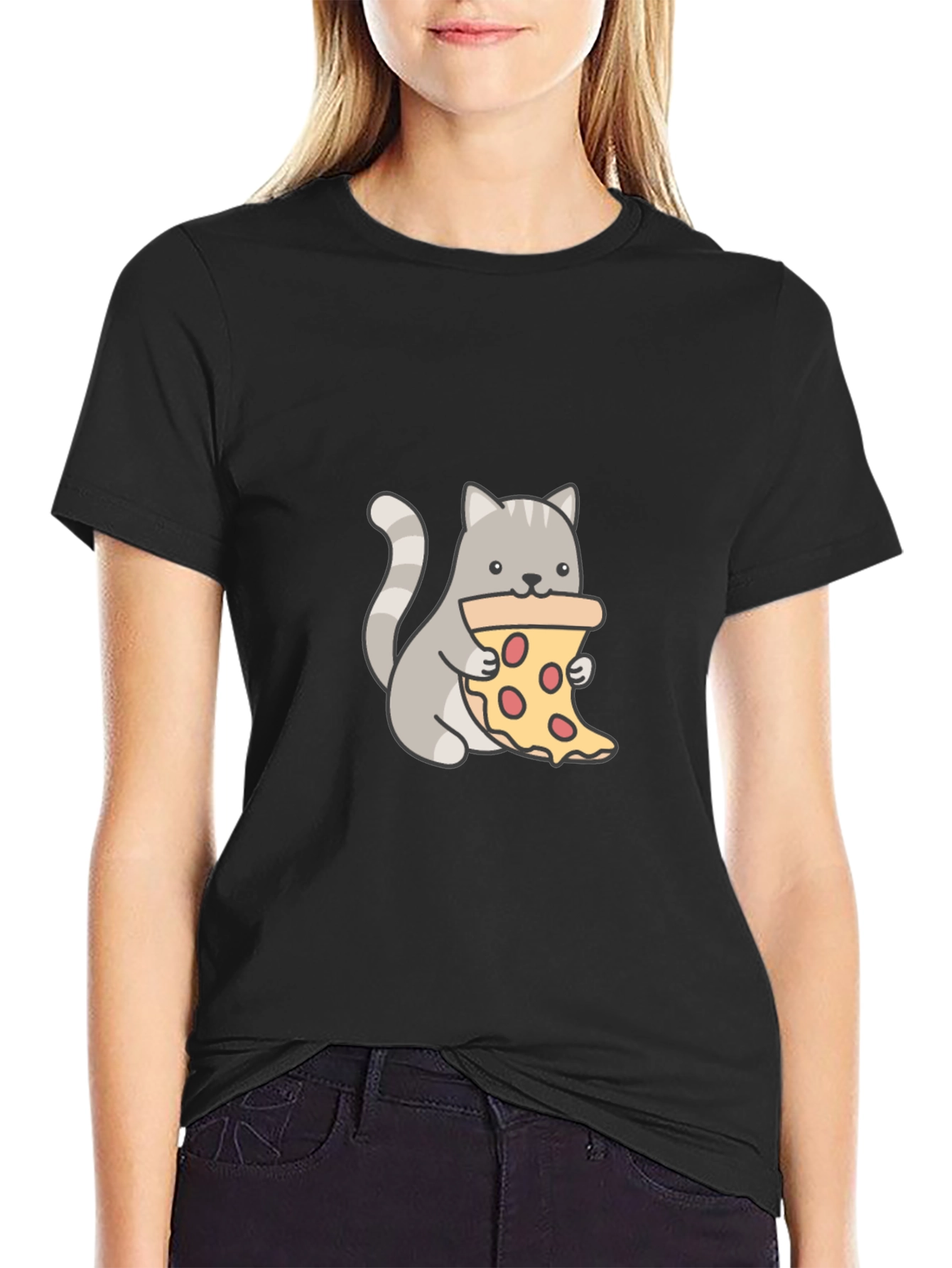 Cat Eating Pizza Graphic T-Shirt