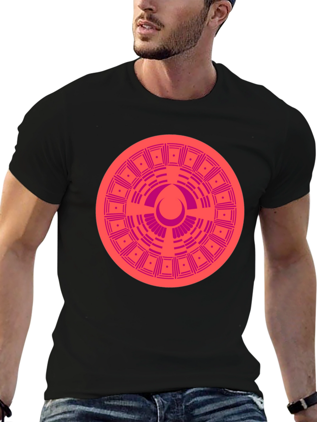 Geometric Patterned Tee - Black Cotton Blend